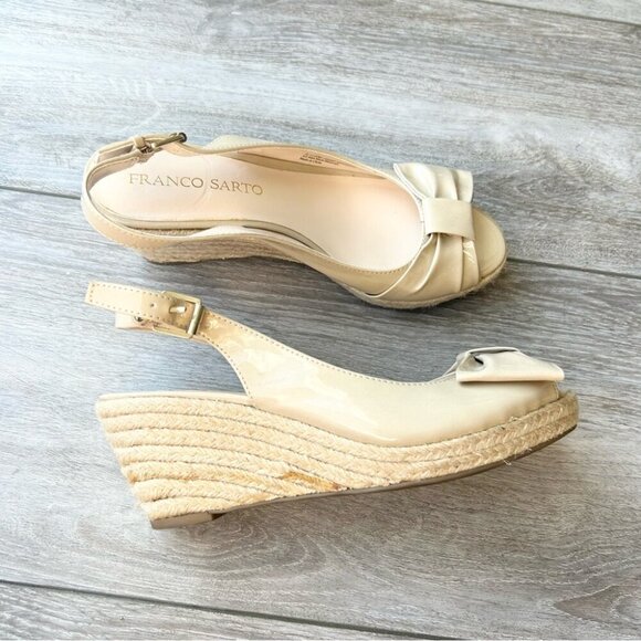 Franco Sarto Beige Vegan Patent Leather Slingback Peep Toe Wedge Esapdrille - Picture 2 of 14